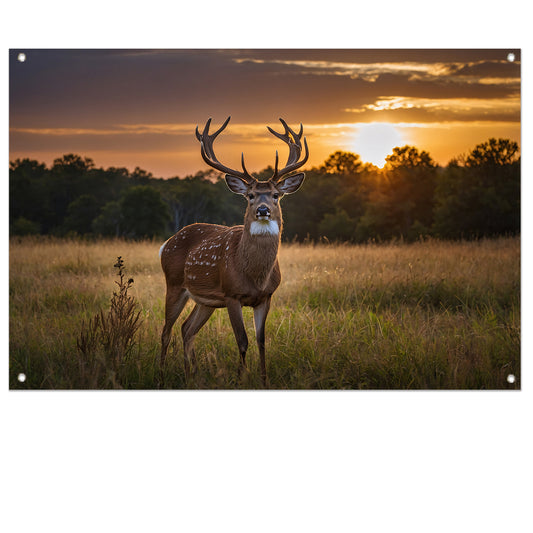 Prachtig hert bij zonsondergang in de natuur tuinposter