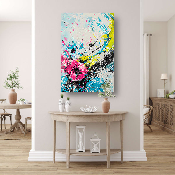 Dynamische abstracte kunst met kleurrijke spatten acrylglas