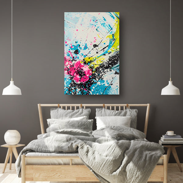 Dynamische abstracte kunst met kleurrijke spatten canvas met baklijst