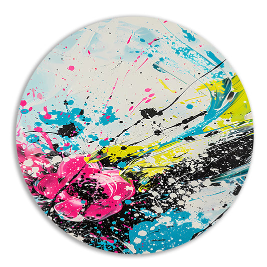 Dynamische abstracte kunst met kleurrijke spatten aluminium muurcirkel