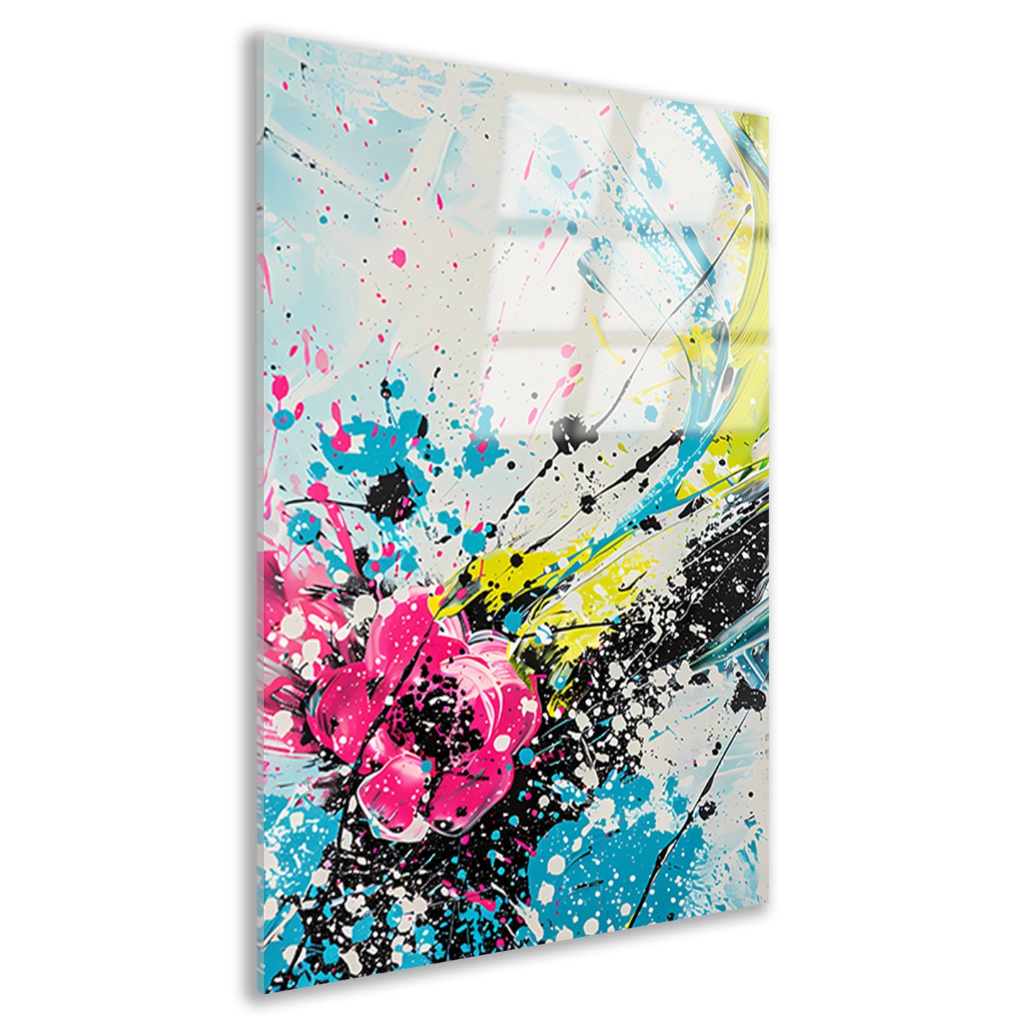 Dynamische abstracte kunst met kleurrijke spatten acrylglas