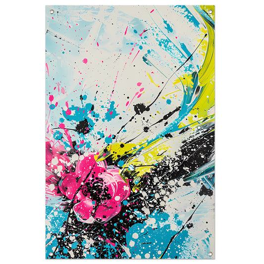 Dynamische abstracte kunst met kleurrijke spatten tuinposter