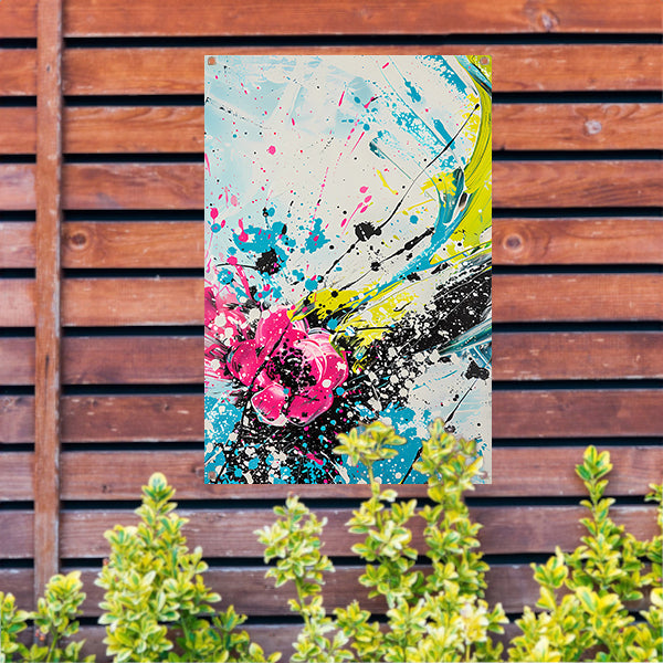 Dynamische abstracte kunst met kleurrijke spatten tuinposter