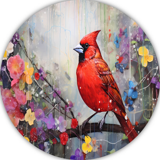 Schilderij: Rode kardinaal, bloemen aluminium muurcirkel
