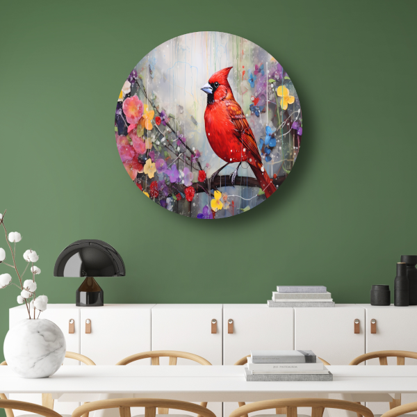 Schilderij: Rode kardinaal, bloemen aluminium muurcirkel