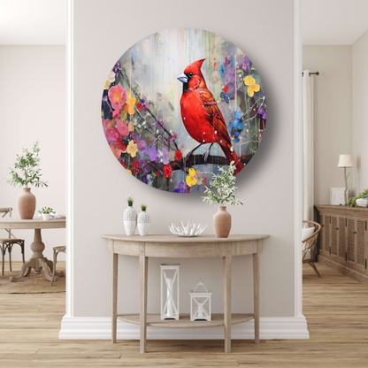 Schilderij: Rode kardinaal, bloemen aluminium muurcirkel
