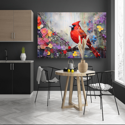 Schilderij: Rode kardinaal, bloemen canvas met baklijst