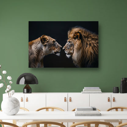 Leeuw en leeuwin in intense ontmoeting canvas met baklijst