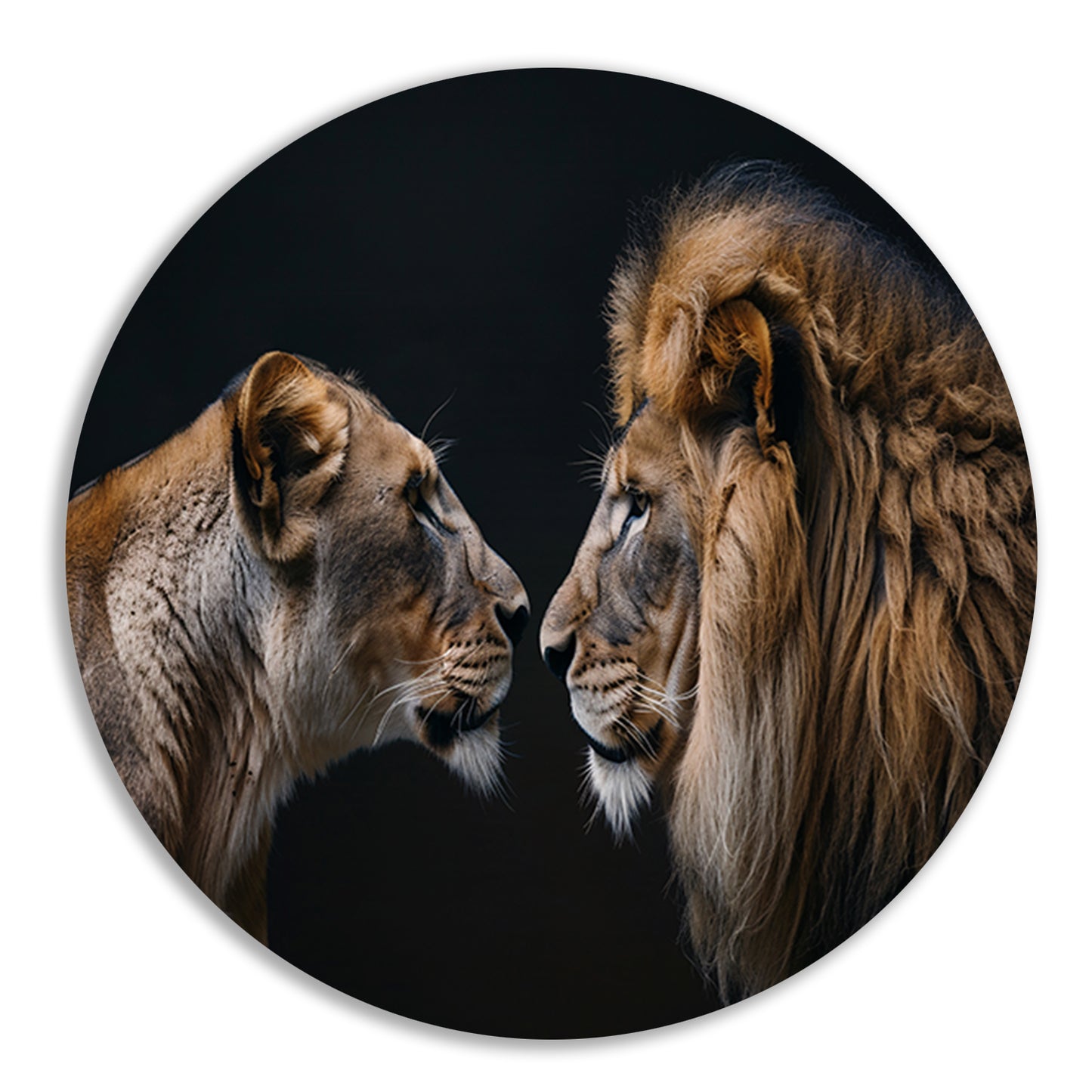 Leeuw en leeuwin in intense ontmoeting aluminium muurcirkel