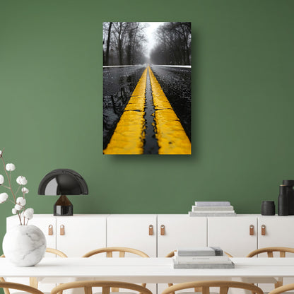 Regenachtige weg met gele strepen poster