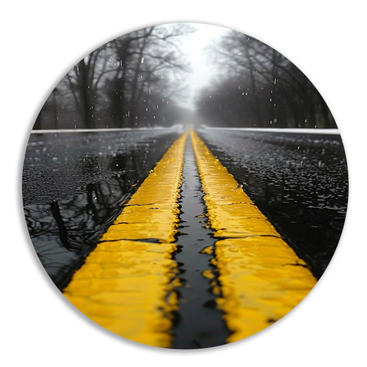 Regenachtige weg met gele strepen aluminium muurcirkel