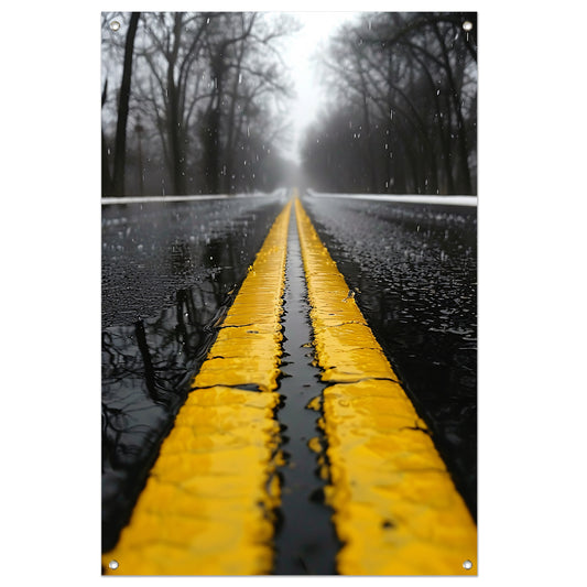 Regenachtige weg met gele strepen tuinposter