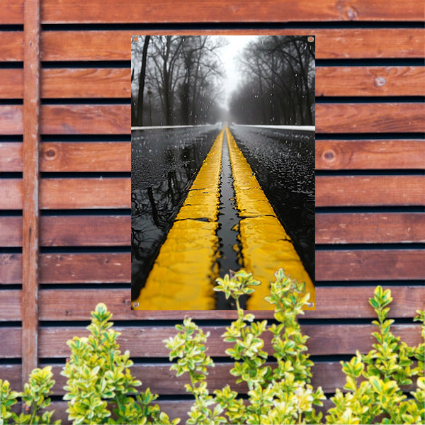 Regenachtige weg met gele strepen tuinposter