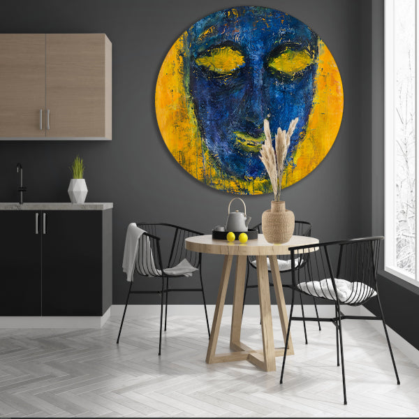 Abstract schilderij van gezicht in kleuren aluminium muurcirkel