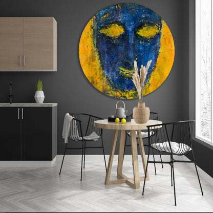 Abstract schilderij van gezicht in kleuren aluminium muurcirkel