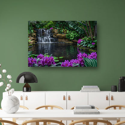 Tropische waterval omgeven door weelderig groen en bloemen poster