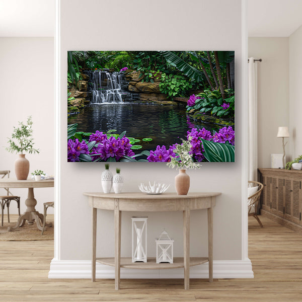 Tropische waterval omgeven door weelderig groen en bloemen canvas met baklijst
