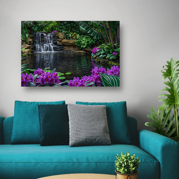 Tropische waterval omgeven door weelderig groen en bloemen poster