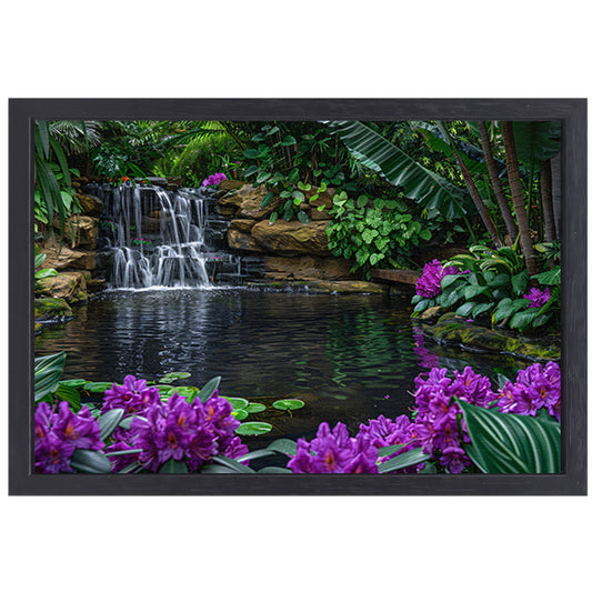 Tropische waterval omgeven door weelderig groen en bloemen canvas met baklijst