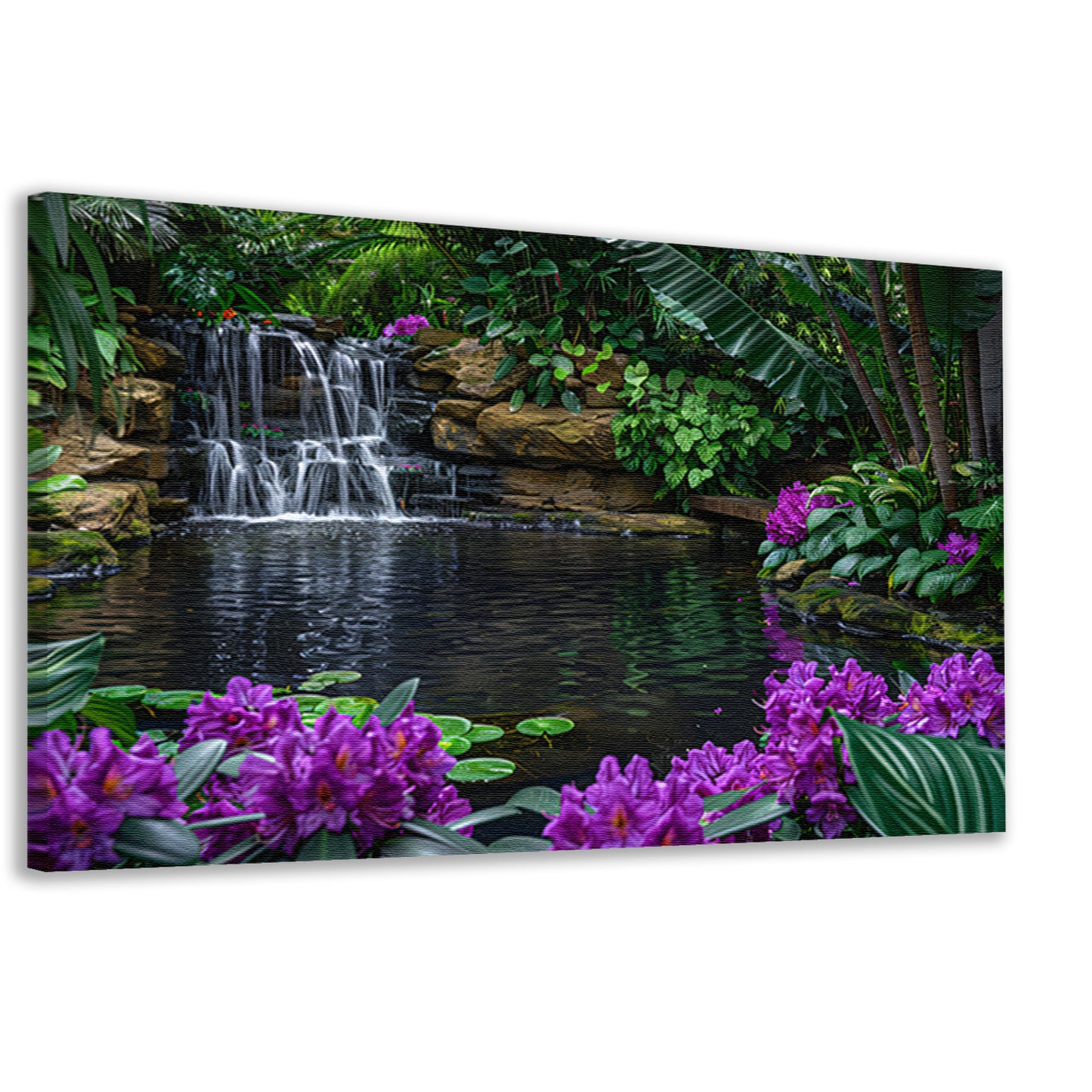 Tropische waterval omgeven door weelderig groen en bloemen canvas