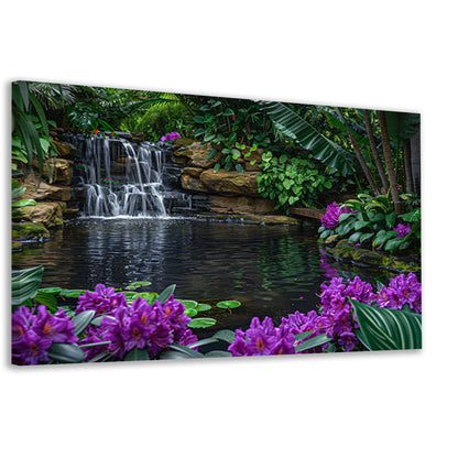 Tropische waterval omgeven door weelderig groen en bloemen canvas