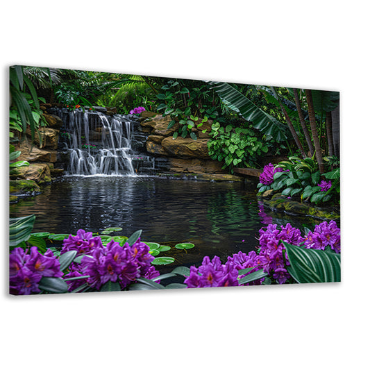 Tropische waterval omgeven door weelderig groen en bloemen canvas