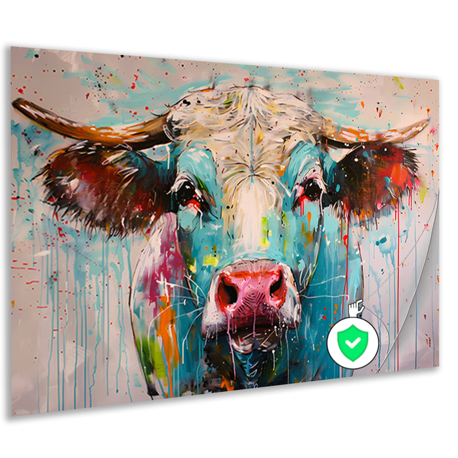 Abstracte kleurrijke koe schilderij op canvas poster