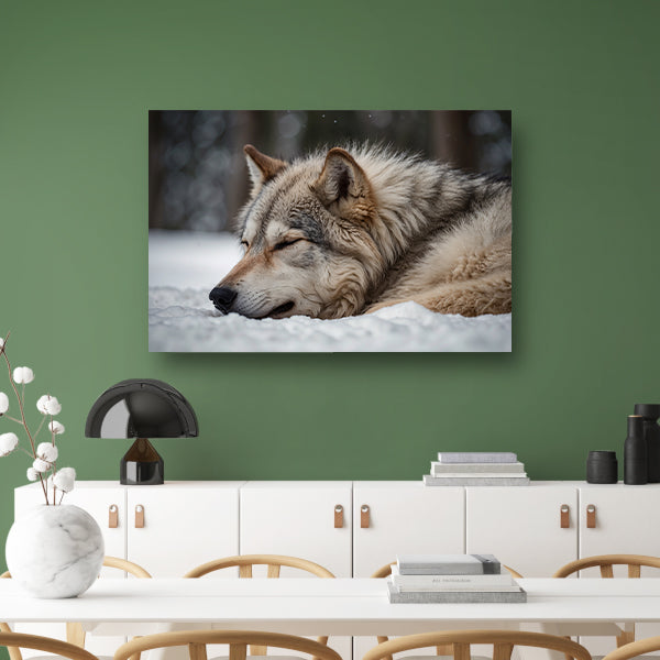 Slapende wolf in een besneeuwd landschap canvas met baklijst
