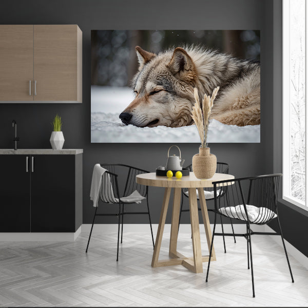Slapende wolf in een besneeuwd landschap canvas met baklijst