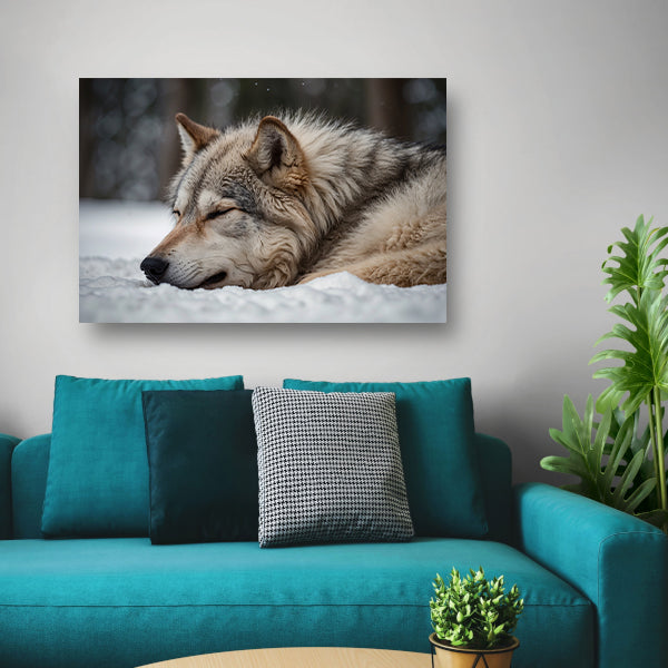 Slapende wolf in een besneeuwd landschap canvas met baklijst