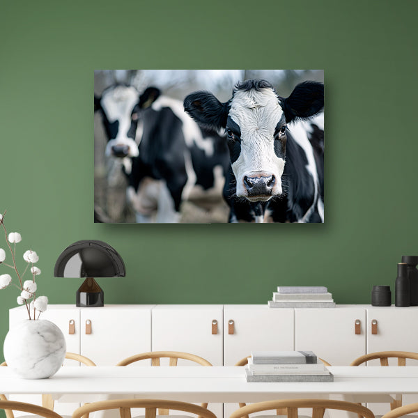 Close-up van nieuwsgierige zwart-witte koeien   canvas