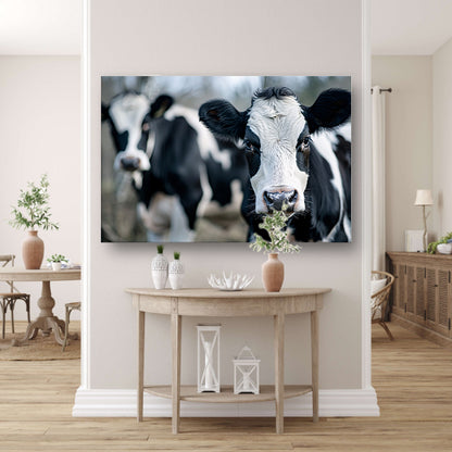 Close-up van nieuwsgierige zwart-witte koeien   canvas