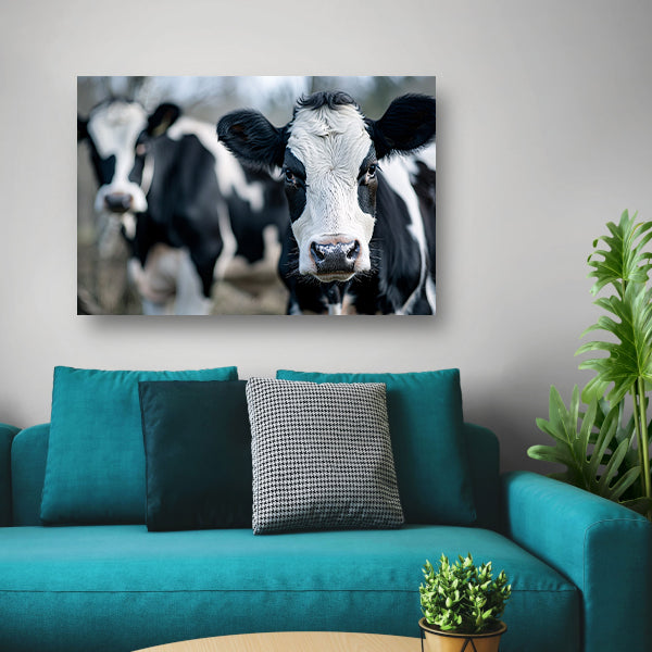 Close-up van nieuwsgierige zwart-witte koeien   canvas