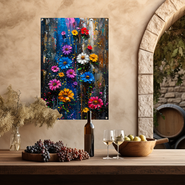 Kleurrijk abstract schilderij van levendige bloemen tuinposter