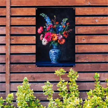 Levendige bloemen in elegante blauw-witte vaas tuinposter