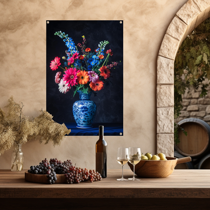 Levendige bloemen in elegante blauw-witte vaas tuinposter