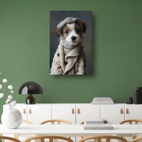 Puppy in beige trui met pet canvas