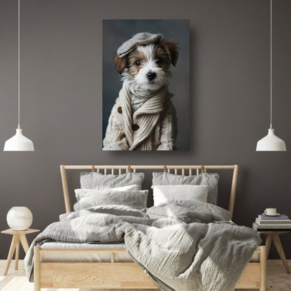 Puppy in beige trui met pet canvas