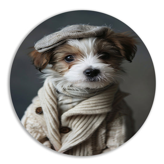 Puppy in beige trui met pet forex muurcirkel