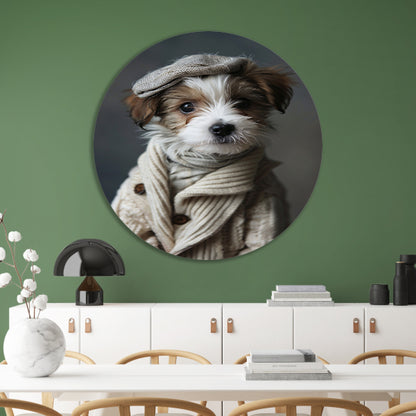 Puppy in beige trui met pet aluminium muurcirkel