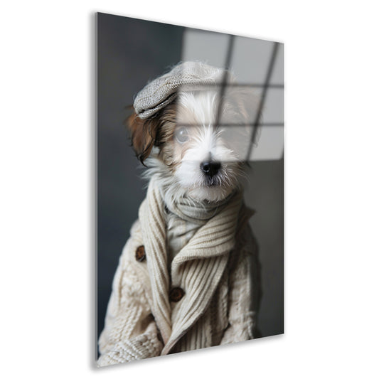 Puppy in beige trui met pet acrylglas