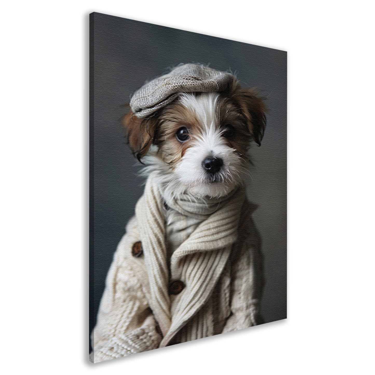 Puppy in beige trui met pet canvas