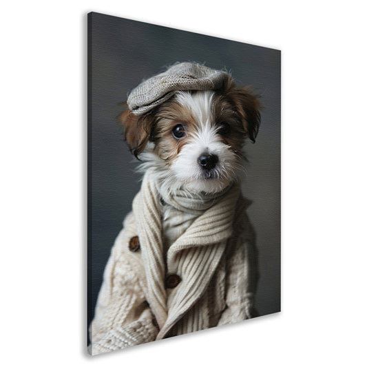 Puppy in beige trui met pet canvas