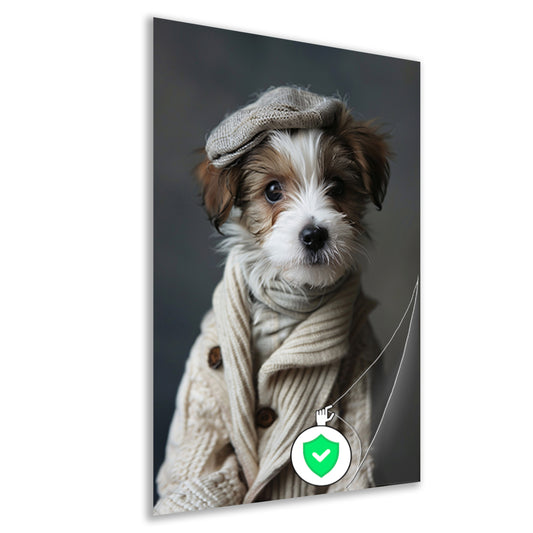 Puppy in beige trui met pet poster