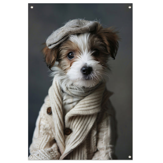 Puppy in beige trui met pet tuinposter
