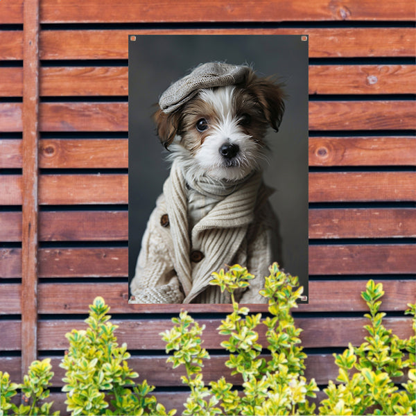 Puppy in beige trui met pet tuinposter