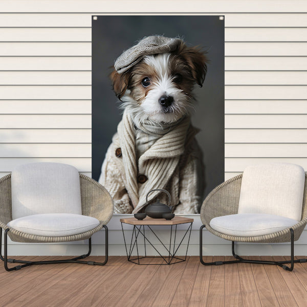 Puppy in beige trui met pet tuinposter