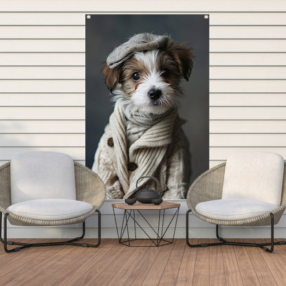 Puppy in beige trui met pet tuinposter