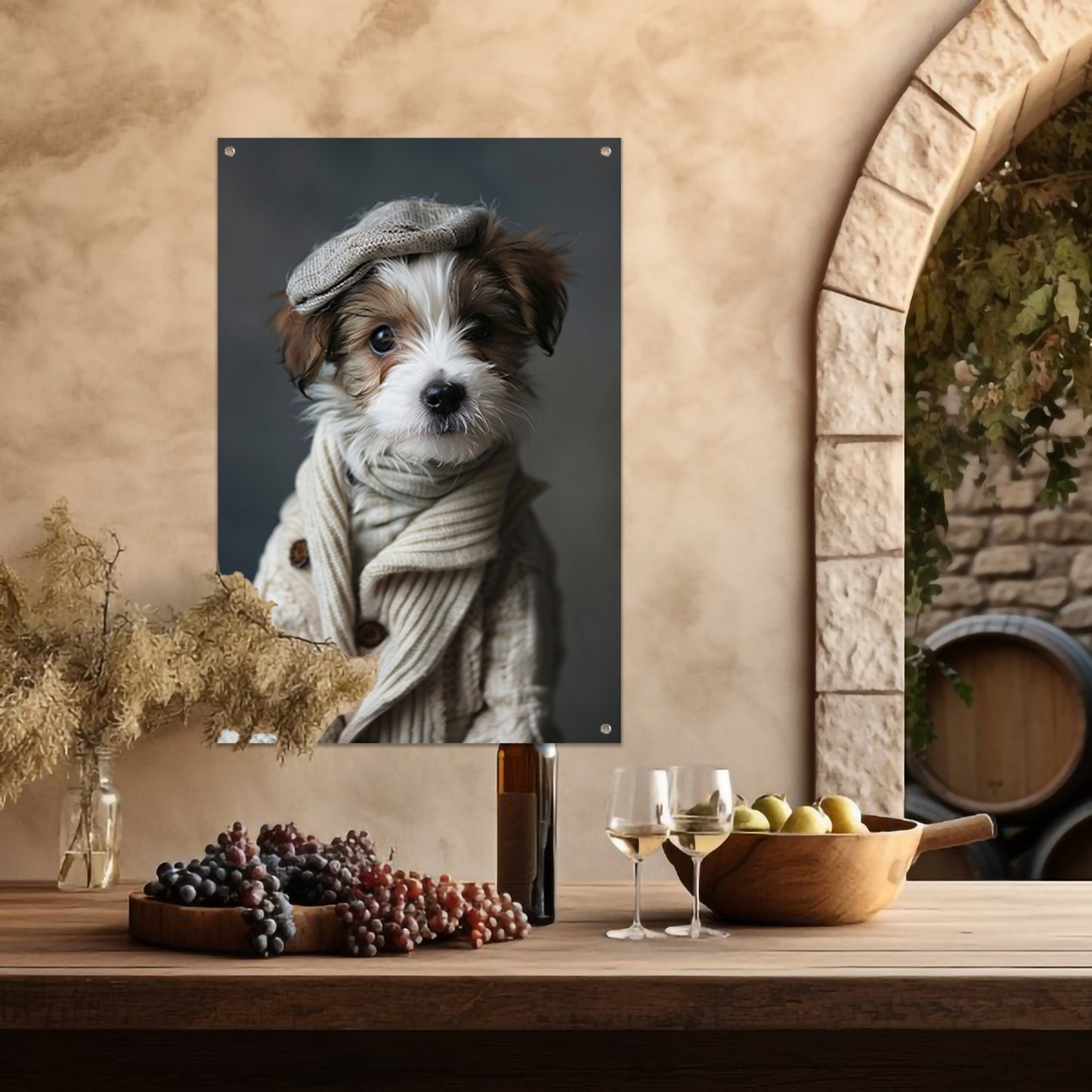Puppy in beige trui met pet tuinposter