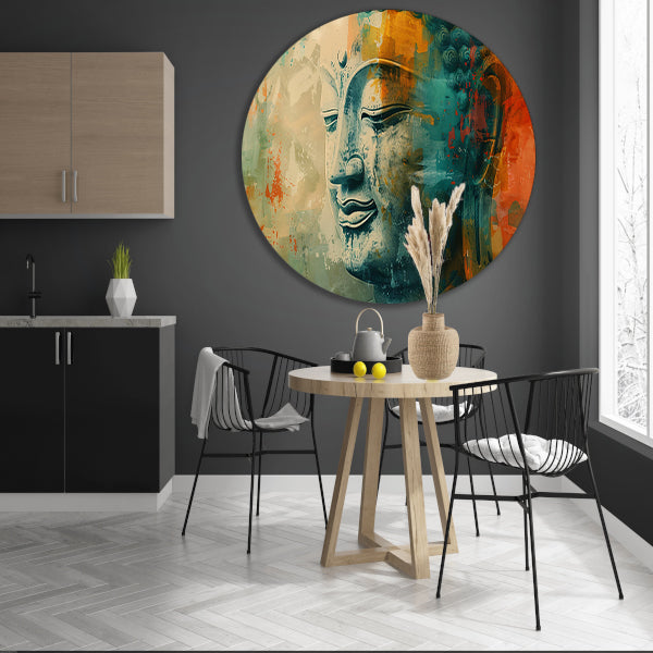 Mystieke abstracte Boeddha in levendige kleuren aluminium muurcirkel